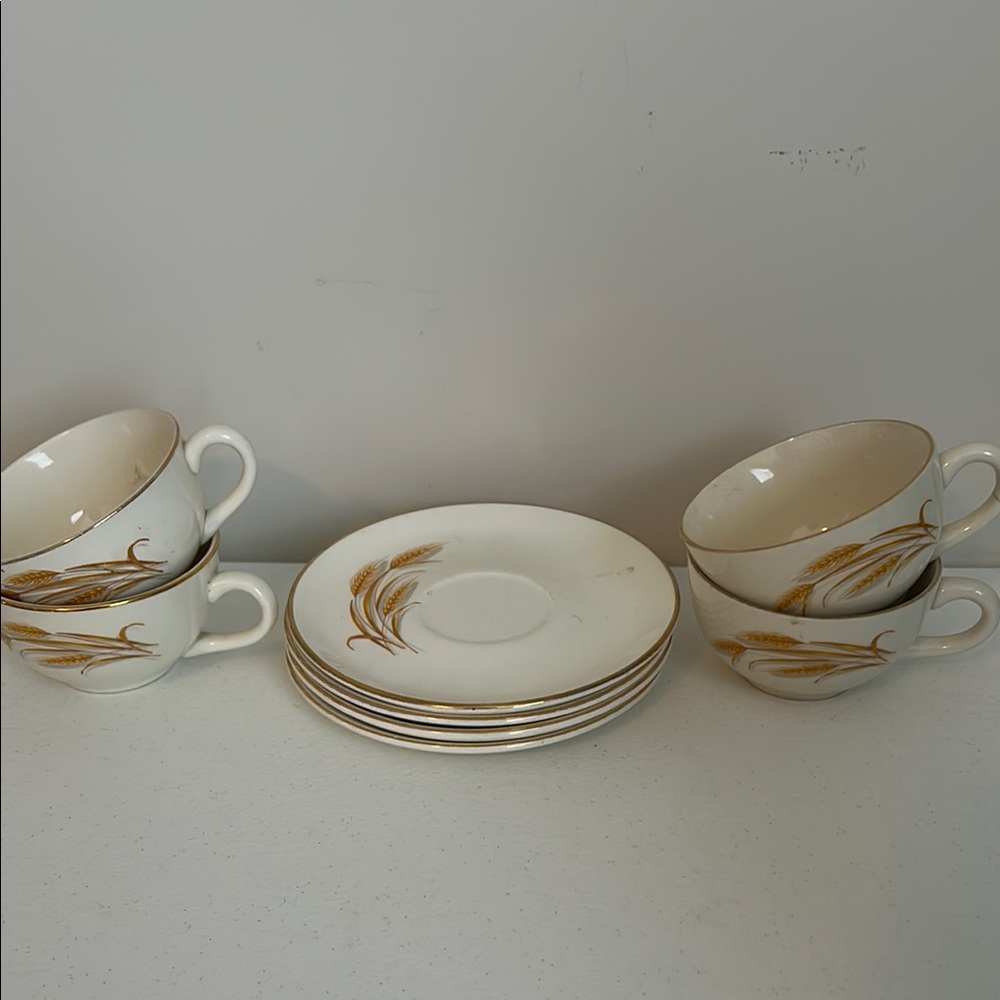 Homer Laughlin Gold Wheat Pattern Mugs and Saucers